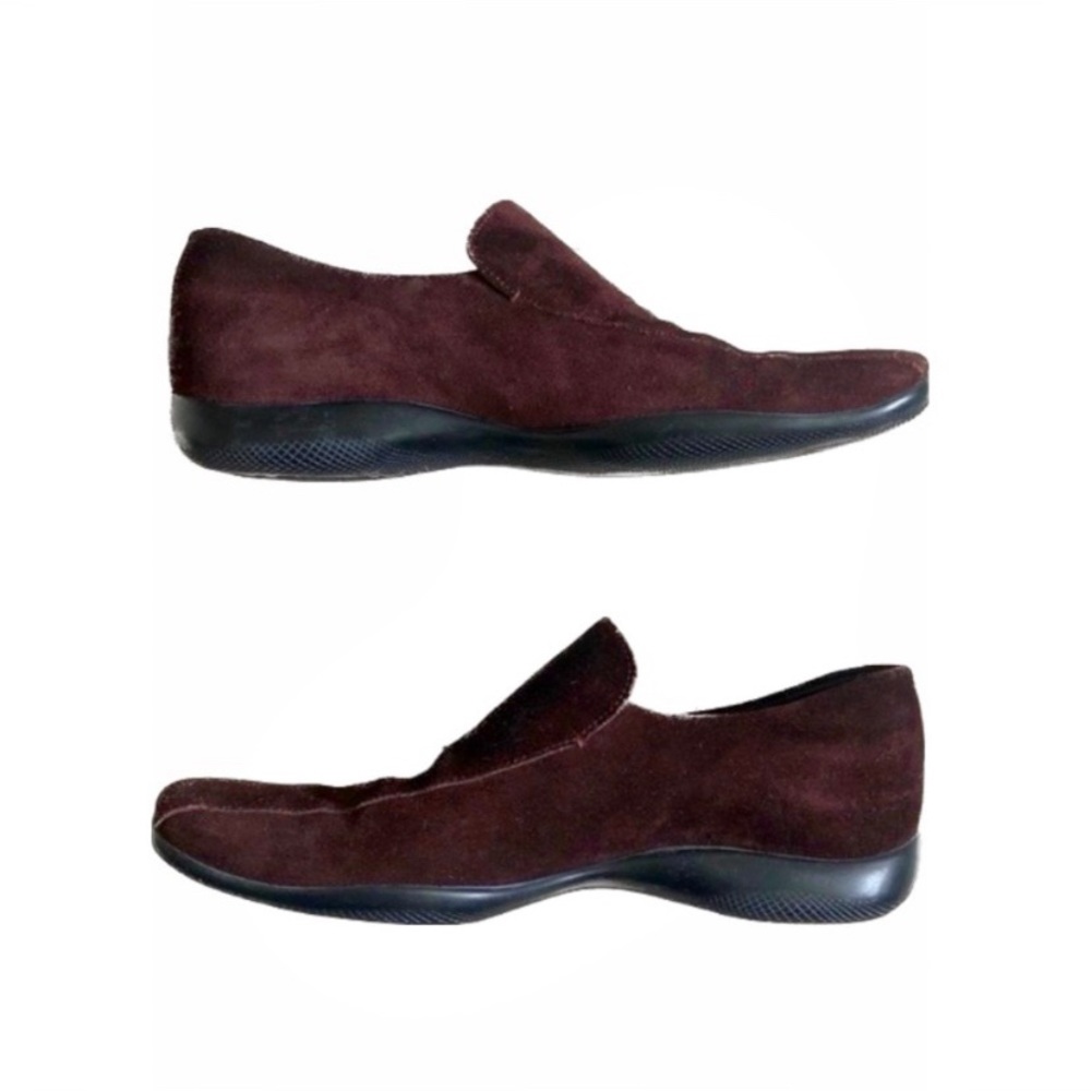 Prada Linea Rossa Designer Genuine Leather Suede Maroon/Burgundy Slip On Loafers